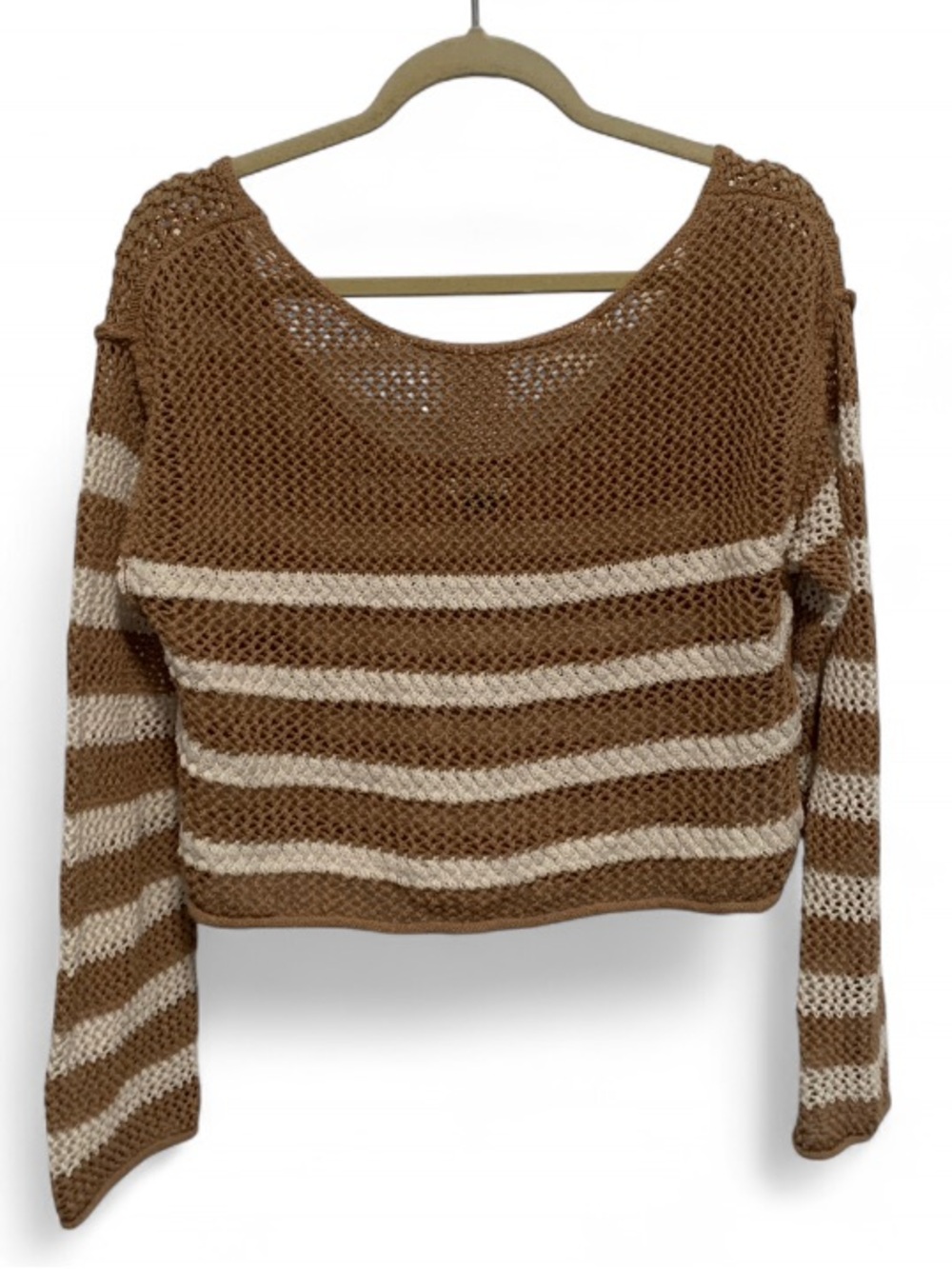 American Eagle Outfitters Tan White Striped Slouchy Open Knit Pullover Sweater